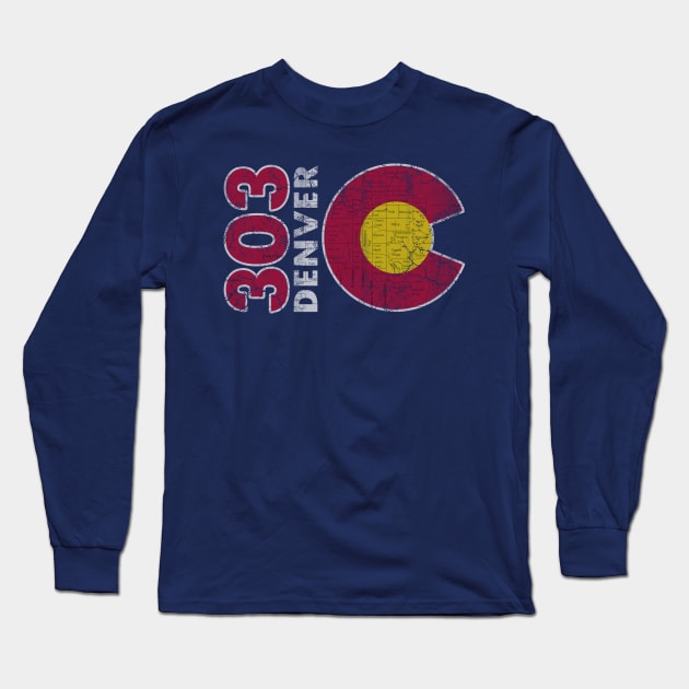 Retro 303 Denver Flag Map Colorado Home Long Sleeve T-Shirt by E